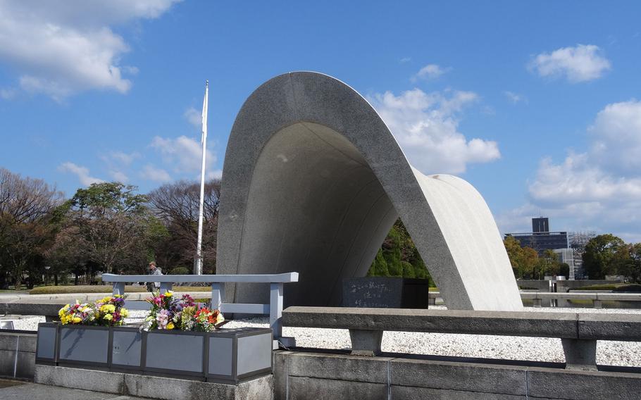 The cenotaph for the A-bomb victims sits in the center of a 30-acre Hiroshima Peace Memorial Park, the ground-zero site of the nuclear bombing 70 years ago. The stone chest in the center of the memorial holds the books that register all the names of those who died from the bombing. By 2009, Shigeaki Mori registered the names of 12 U.S. servicemembers to the official books.