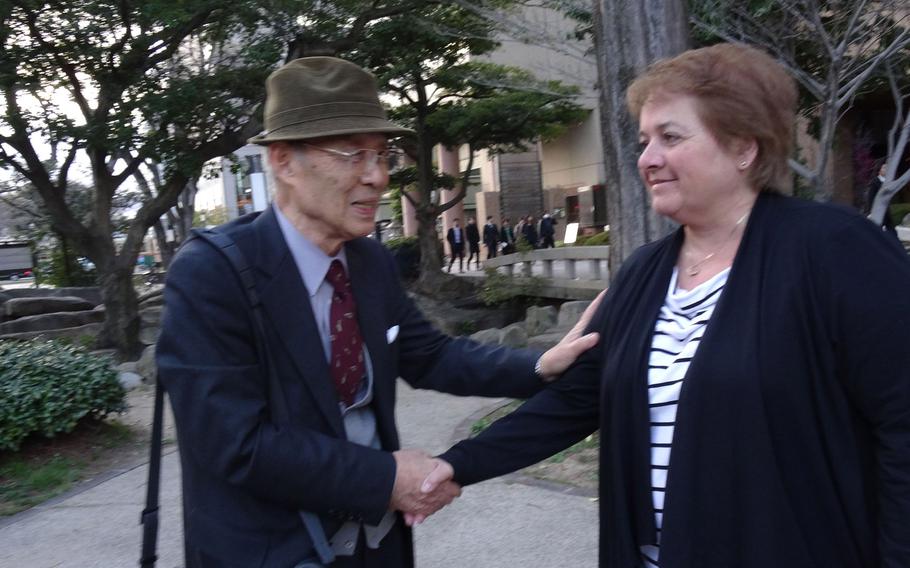 Akio Nakamura, 82, meets Susan Archinski during her March 23, 2015, visit to Hiroshim, Japan. Nakamura, who traveled from Shiga prefecture, near Kyoto, to meet Archinski, is believed to be the last living witness of the 12 U.S. servicemembers who were being held a POW detention center when the atomic bomb his Hiroshima. 