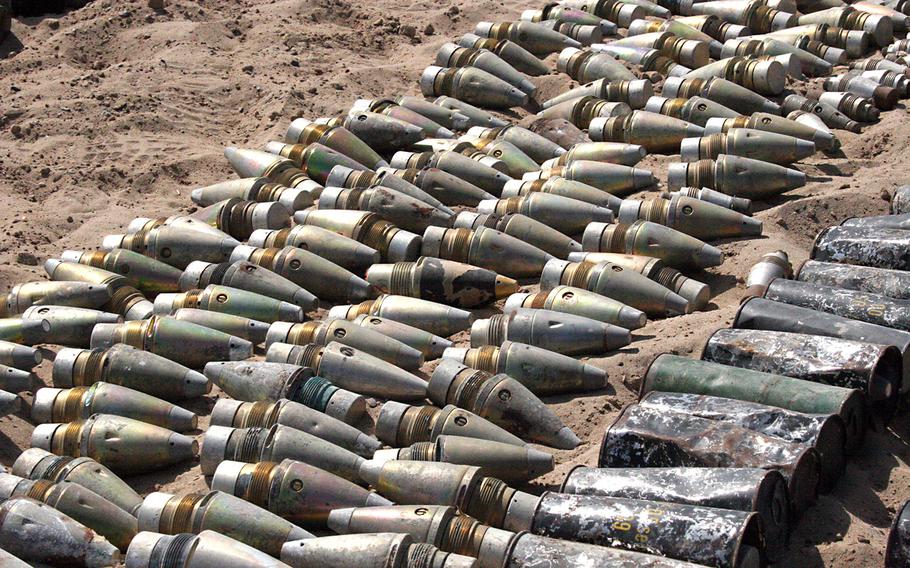Soldiers from 3rd Brigade, 1st Armored Division uncovered these munitions in a large weapons cache in Iraq on Sept. 28, 2005.