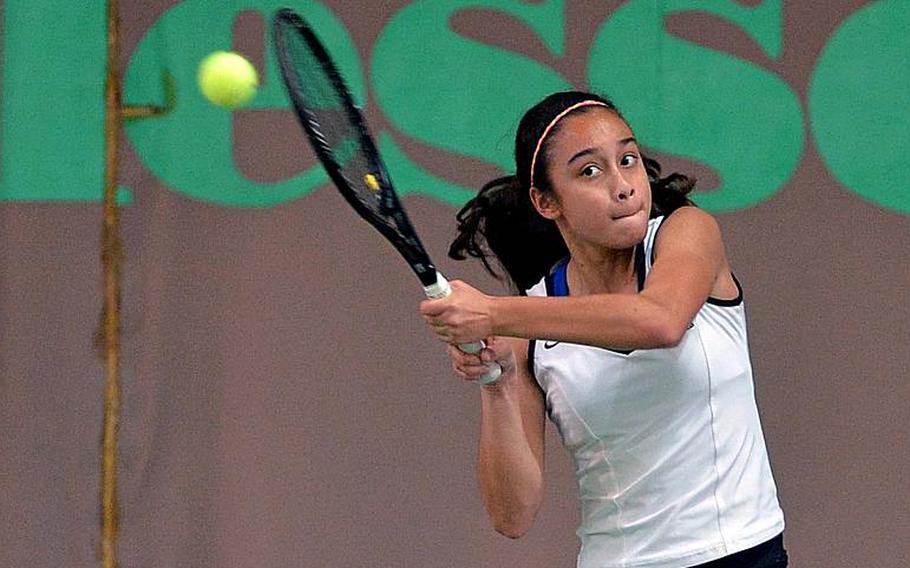 Patch's Marissa Encarnacion returns a shot from her teammate Marina Fortun  in the girls single final at the DODDS-Europe tennis championships in Wiesbaden, Germany, Oct. 25, 2014. Encarnacion won the match 6-1, 6-1.