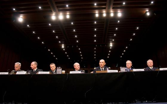 120p na     From left, Gen. James Amos, commandant of the Marine Corps; Adm. Jonathan Greenert, Chief of Naval Operations; Adm. James Winnefeld, vice chairman of the Joint Chiefs of Staff; Gen. Martin Dempsey, chairman of the Joint Chiefs of Staff; Gen. Ray Odierno, Army chief of staff; Gen. Mark Welsh III, Air Force chief of staff; and Gen. Frank Grass, Chief Of The National Guard Bureau, testify before the Senate Armed Services Committee on Tuesday, making the case that cuts to pay and benefits are necessary to maintain military readiness. 
Rick Vasquez/Stars and Stripes