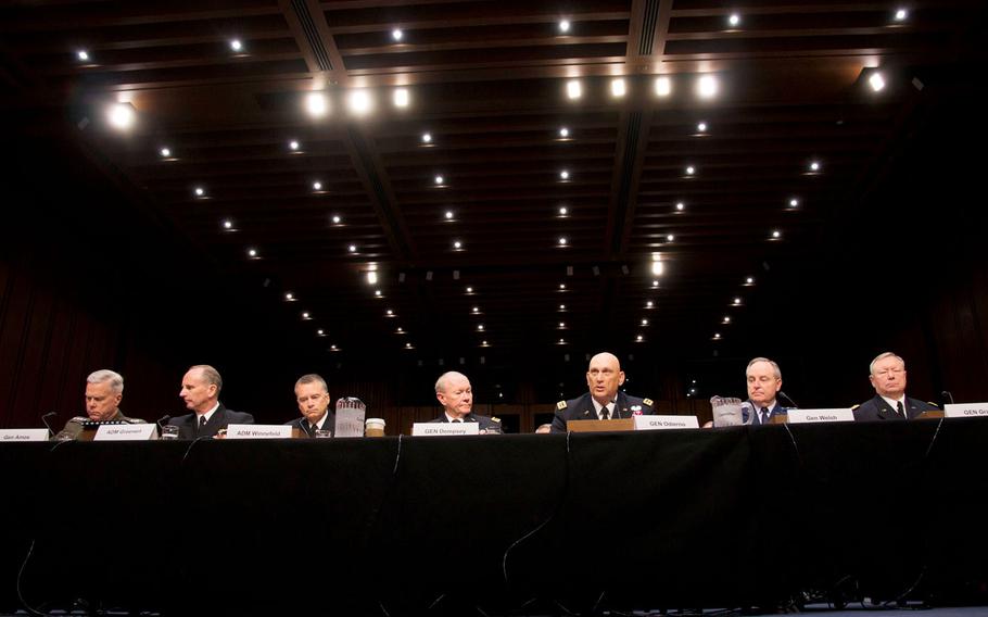 From left, Gen. James Amos, commandant of the Marine Corps; Adm. Jonathan Greenert, Chief of Naval Operations; Adm. James Winnefeld, vice chairman of the Joint Chiefs of Staff; Gen. Martin Dempsey, chairman of the Joint Chiefs of Staff; Gen. Ray Odierno, Army chief of staff; Gen. Mark Welsh III, Air Force chief of staff; and Gen. Frank Grass, Chief Of The National Guard Bureau, testify before the Senate Armed Services Committee, making the case that cuts to pay and benefits are necessary to maintain military readiness. 