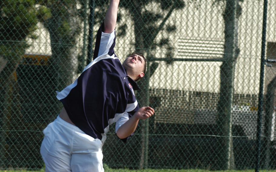 Andrew Cates from the Lakenheath Lancer tennis team serves  during a match Saturday against the visiting Ramstein Royals. 