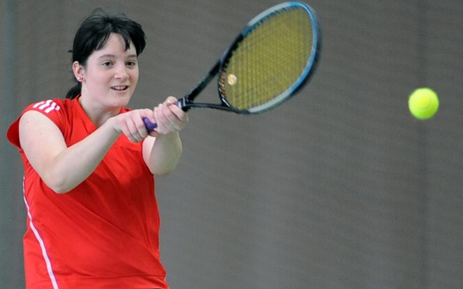 Kaiserslautern's Mehgan Eaker returns a shot in her 6-1, 6-1, first-round victory over Tekeha Turner of Vilseck at the DODDS-Europe tennis finals in Wiesbaden, on Thursday.