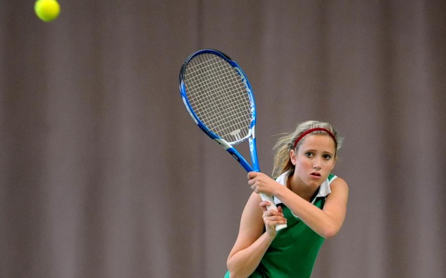 Naples' Erica Ruth returns a shot to Casey Leon of Hohenfels. Ruth dropped her first-round match 2-6, 3-6 in the DODDS-Europe tennis championship.