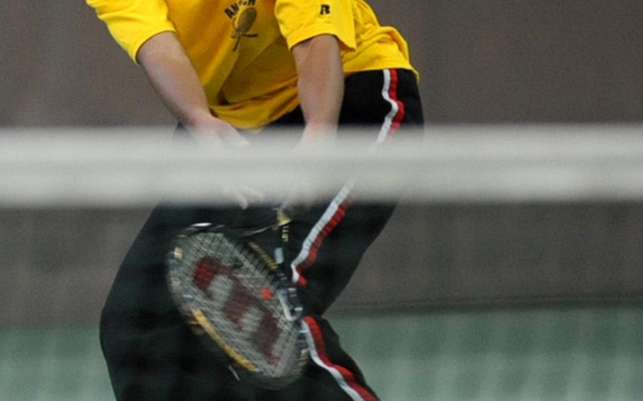 Ansbach's Lauren Findley watches the ball during her first-round loss 3-6, 3-6, to Alexandra Sibilla of Vicenza during the  DODDS-Europe tennis championship tournament.