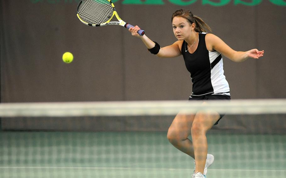 Vicenza's Alexandra Sibillia returns a shot from Ansbach's Lauren Finley in her 6-3, 6-3 first-round victory at the DODDS-Europe tennis championship tournament  in Wiesbaden on Thursday.
