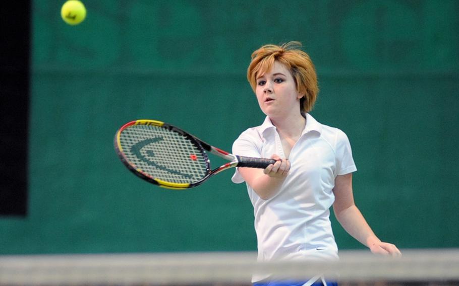 Wiesbaden's Kelsy Smith uses her forehand to return a shot to Incirlik's Adriana Thompson  at the DODDS-Europe tennis championship tournament in Wiesbade, on Thursday. Smith won the first-round match 6-1, 6-1.