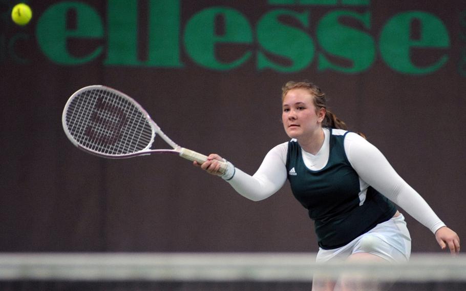 Alconbury's Julia Caverly returns a shot from Sigonella's Kendra Coates in her first-round match that Coates won 6-0, 6-2.