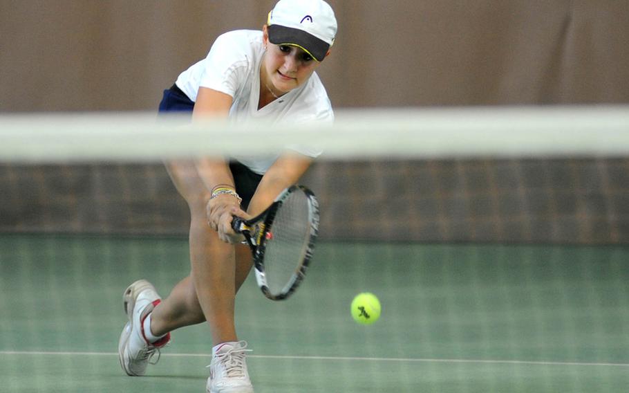 Marymount's Ginevra Bolla tries to reach a Paige Chase shot in the girls single final. Chase, the third seed, upset top-seeded Bolla, the two-time defending champ, 6-2, 6-4. 
