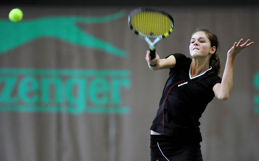 AFNORTH's Taylor BonenClark returns a shot in the girls doubles final. BonenClark and teammate Stephanie Seitz defeated defending champions Meghan Augsburger and Olivia Rockwell 3-6, 7-6 (8-6), 6-4.