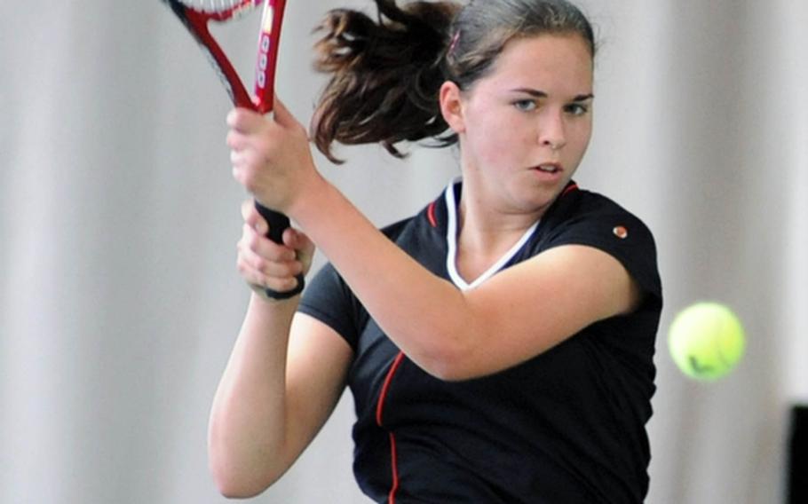 AFNORTH's Stephanie Seitz returns a shot in the girls doubles final. Seitz and teamate Taylor BonenClark defeated defending champions Meghan Augsburger and Olivia Rockwell 3-6, 7-6 (8-6), 6-4.