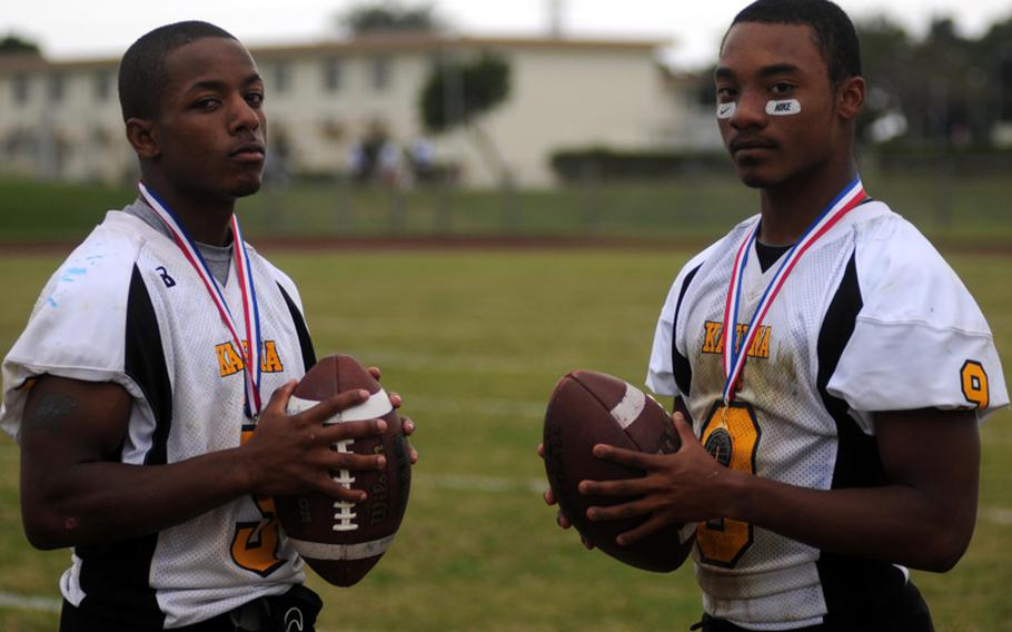 Kadena Panthers senior running-back tandem of Shariff Coleman and Thomas McDonald, known as Speed Inc. Coleman led the Pacific with 1,148 yards and scored 14 touchdowns on 110 carries, while McDonald led the team with 19 touchdowns and had 1,033 yards on 99 carries this season. The two have combined for 4,018 yards and 69 carries the last two seasons for two-time defending Far East Division I champion Kadena.
