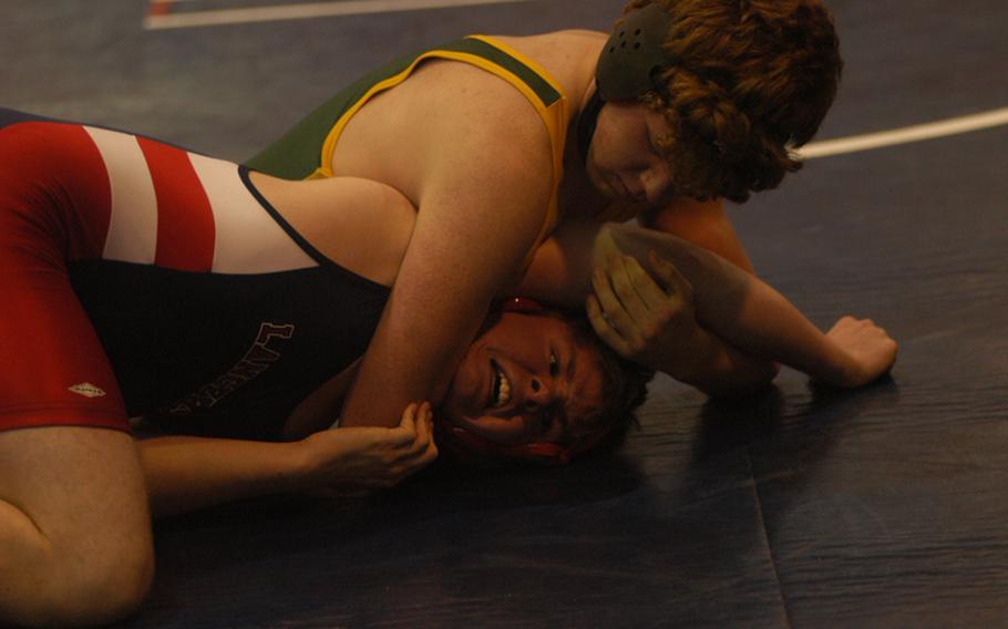 Alconbury sophomore Johannes Wimmer controls Lakenheath junior Nathan Rogacki during a four-team meet Saturday at RAF Alconbury. Rogacki won the match. 