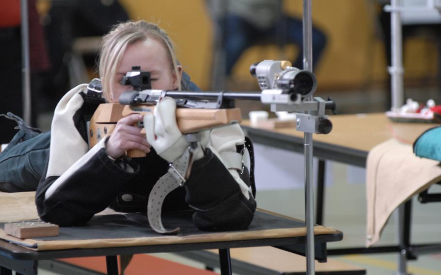 Ansbach senior Kiley Schreurs aims her precision air rifle at Saturday's DODDS-Europe marksmanship championships at Baumholder, Germany.  Schreurs was the top scorer for the year in DODDS-Europe competition.