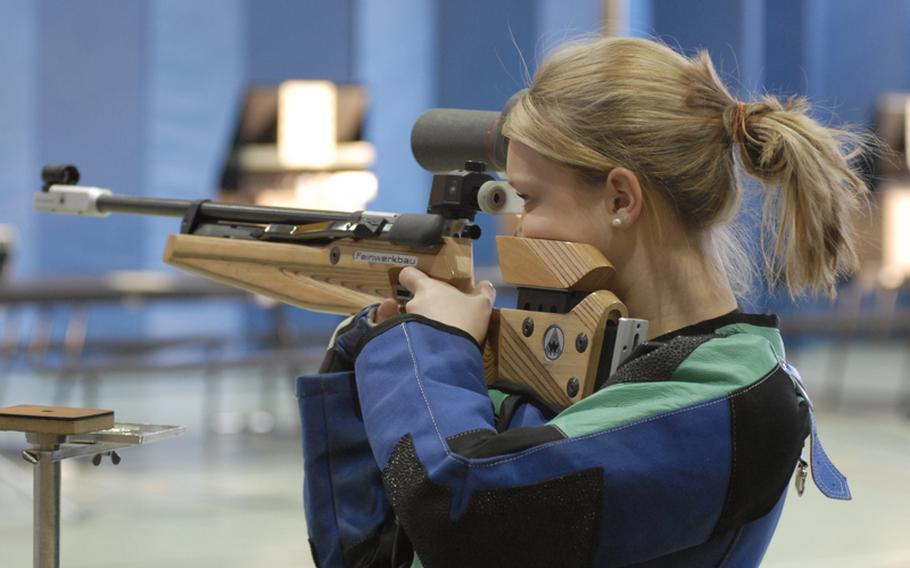Hohenfels sophomore Erin Redden takes aim in the standing position at the 2011 DODDS-Europe marksmanship championships.  Redden led the Tiger scorers with 278 points.
