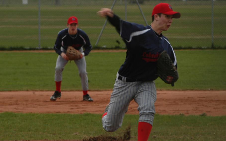 Lakenheath pitcher Caleb Maftei releases the baseball during the first game of a doubleheader against Kaiserslautern on Saturday. Kaiserslautern won, with Maftei taking the loss, and then went on to win the second game to complete the sweep.