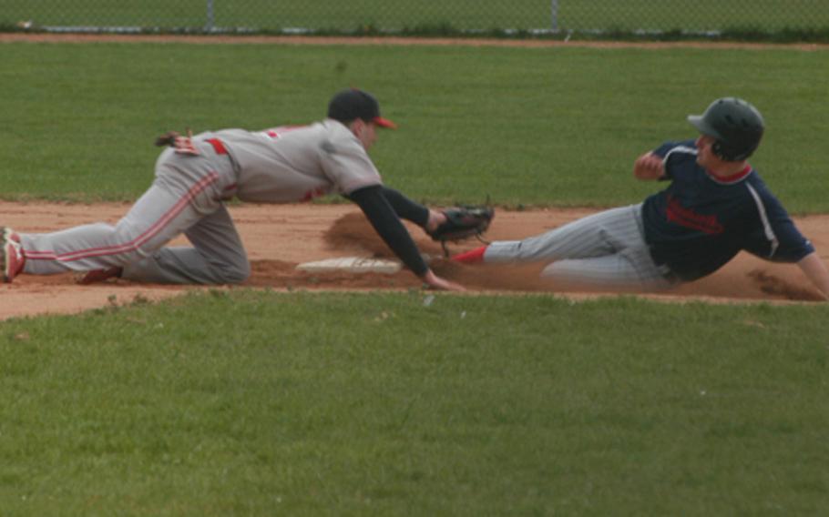 Lakenheath's Titus Adamson slides into second baseahead of the tag by Kaiserslautern's Aaren Blossom during the first of a Kaiserslautern sweep on Saturday.