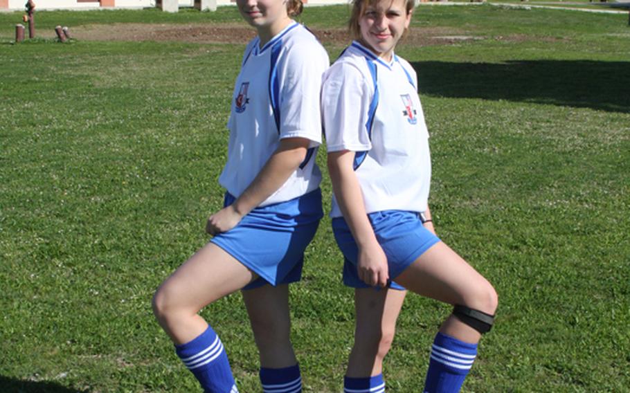 Incirlik freshman Allyn Anderson, left, and her teammate Skyler Mineau, a junior, are members of Incirlik’s unisex soccer team. Incirlik and Lajes are the lone schools in DODDS-Europe to field co-ed teams this season.