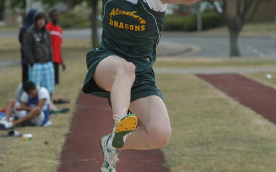 Alconbury sophomore Josh Schappert spots his landing during the long jump event Saturday at RAF Lakenheath, England. Schappert jumped 16 feet, 7 inches. 
