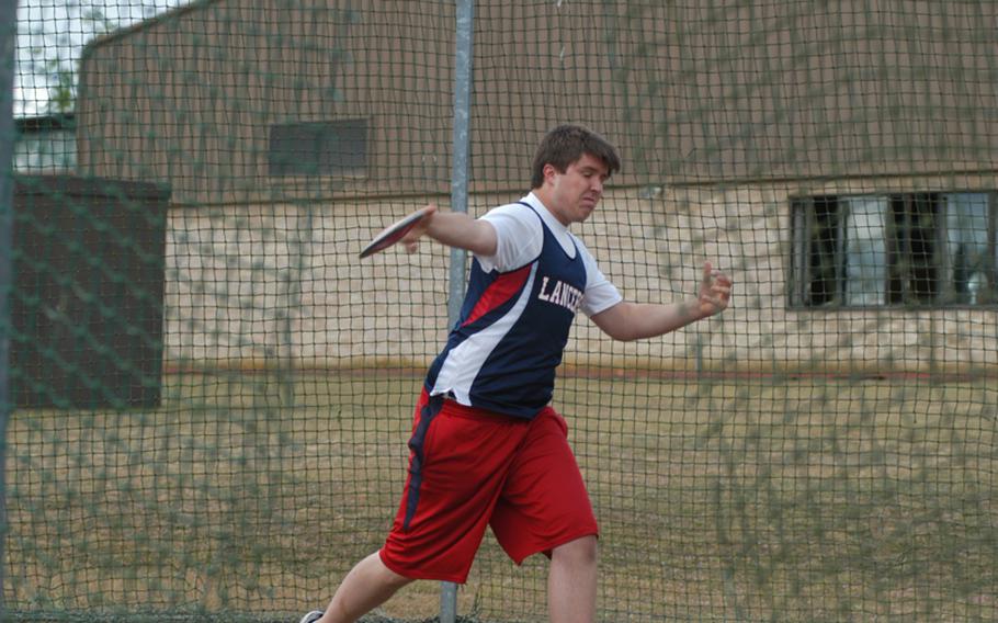 Lakenheath junior Brandon Pavloski hurls the discus during a field event at RAF Lakenheath on Saturday. He finished fifth, with a top distance of 77 feet, 6 inches.