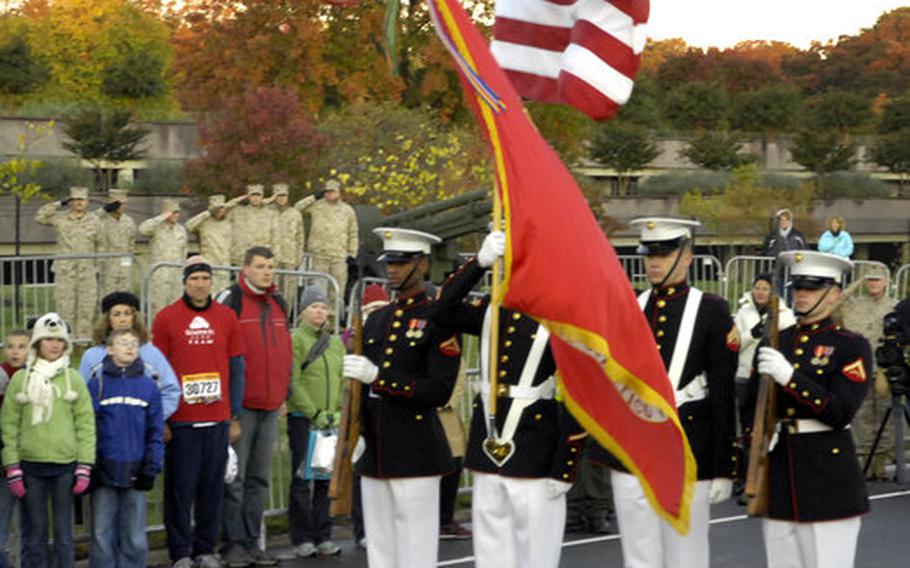 The Marine Ceremonial Platoon from Quantico, Va., presents the colors.