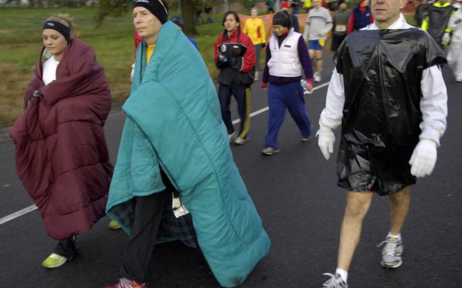 With overnight temperatures in the 30s, runners came prepared for a cold day.
