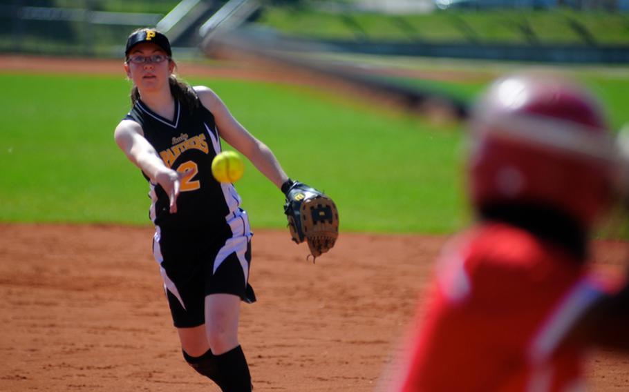 Patch's Katelyn Tingey throws a pitch during the first game of a doubleheader Saturday at Patch Barracks.