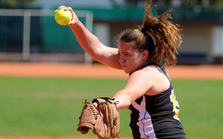 Patch's Amber Marvin pitches during the second game of a doubleheader Saturday at Patch Barracks.