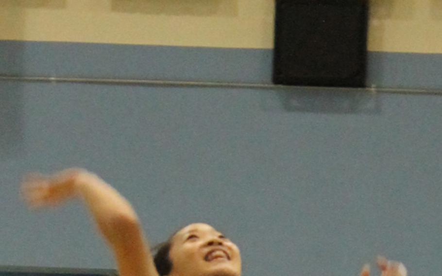 Seoul American Falcons senior setter Hannah Nelson readies to hit the ball during Thursday's practice.