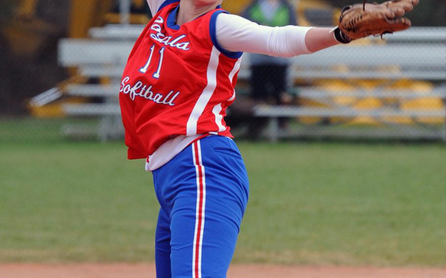 Ramstein's Kelsey Freeman, the reigning Stars and Stripes softball Athlete of the Year, looks to team with fellow hurler Katherine Enyeart to defend the Royals DODDS-Europe Division I softball championship.
