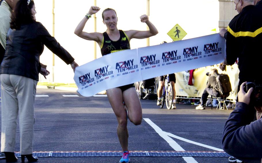 Kerri Gallagher is the first woman to finish the 2013 Army 10-Miler with a time of 54:56 on Oct. 20, 2013. Gallagher also placed first in the women's division in 2012.