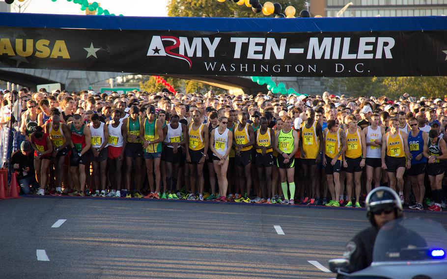 Runners get ready to go at the 29th annual Army 10-Miler race, October 20, 2013.