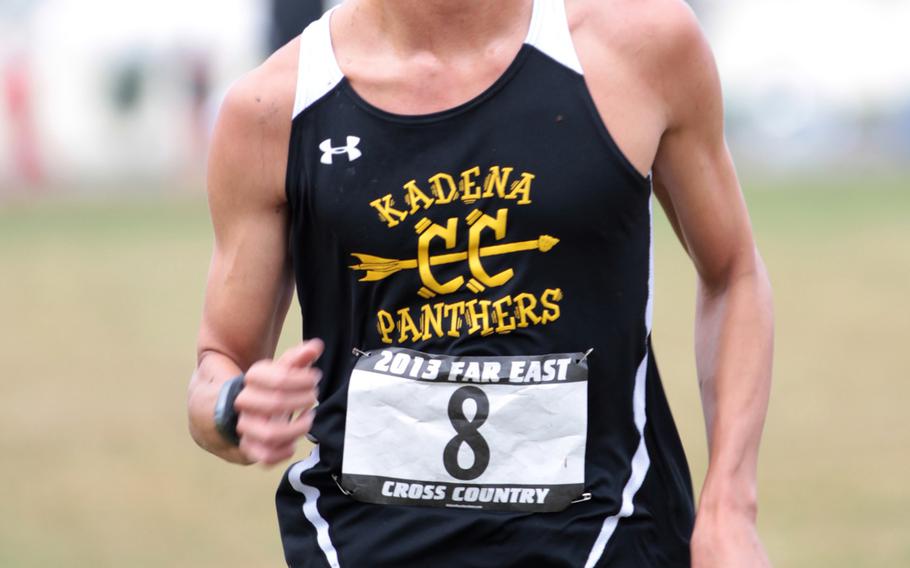 Kadena's Andrew Kilkenny crosses the finish line during Monday's 3.1-mile individual boys race in the Far East High School Cross-Country Meet at Camp Fuji, Japan. Hernandez repeated his boys championship, running 17 minutes, 21.6 seconds.