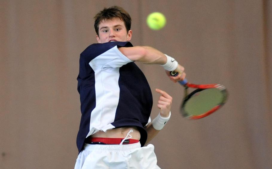 Lakenheath's Peter Kovats watches his shot fly across the net in the boys singles final at the DODDS-Europe tennis championships in Wiesbaden, Germany, Oct. 26, 2013. Kovats beat ISB's Fabian Sandrup Selvik 6-2, 6-3 for the title. Kovats has been named the Stars and Stripes boys tennis Athlete of the Year.
