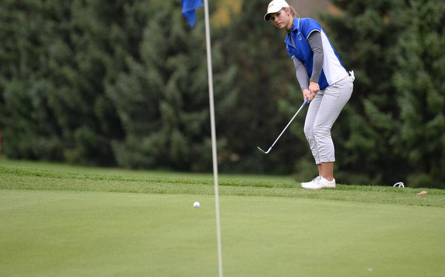 Wiesbaden's Jenna Eidem chips to the green on her way to winning her third straight DODDS-Europe girls golf title at Wiesbaden, Germany, Oct. 10, 2013. Eidem has been named the Stars and Stripes girls golf Athlete of the Year.