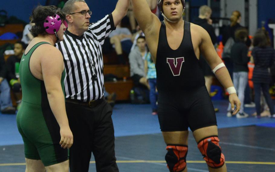 Vilseck's Amando Saldana pinned Naples' Jordan Thurston in 17 seconds Saturday, during a 285-pound Southern sectional qualifier match at Vicenza, Italy. Thurston took first and earned a spot at the European Championship in Germany.