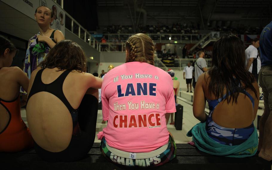 Among the motivational t-shirts at the European Forces Swim League championships in Eindhoven, Netherlands, this one: If you have a lane, you have a chance. 