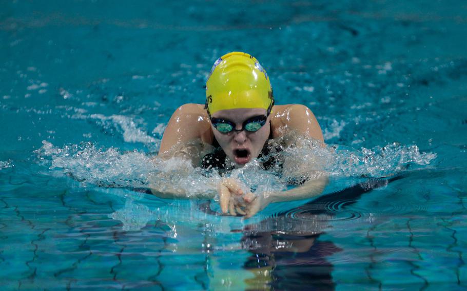 Wiesbaden's Lexy Meints, 17, had six wins in the European Forces Swim League championships in Eindhoven, Netherlands, including this swim in the 200-meter individual medley Sunday, Feb. 16, 2014.