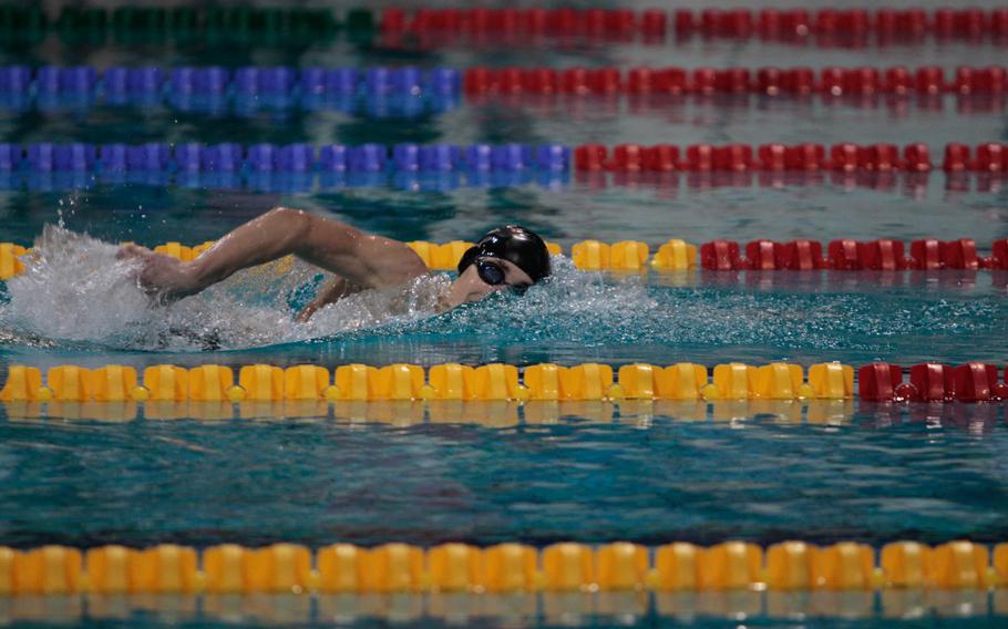 Dominic Scifo, 14, of Lakenheath blasts to the finish of the 200-meter individual medley Sunday, Feb. 16, 2014, at the European Forces Swim League championships in Eindhoven, Netherlands. With six wins in eight races, Scifo won overalls honors for his age group.