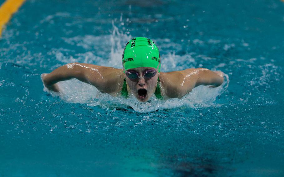 Naples' Kyla Hallam, 14, won five of her eight races at the Europe Forces Swim League championships in Eindhoven, Netherlands, including a Sunday, Feb. 16, 2014, win in the 200 individual medley for girls 13-14 years old.