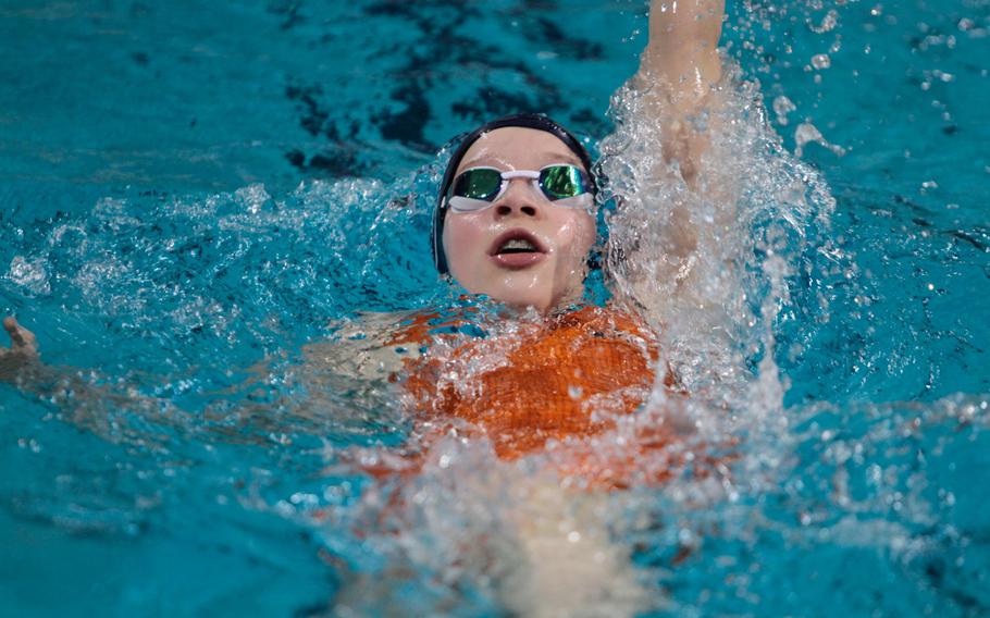 Berlin's Lili Seubert, 12, backstrokes her way to victory in her age group's 200-meter individual medley Sunday, Feb. 16, at the European Forces Swim League championships in Eindhoven, Netherlands. 