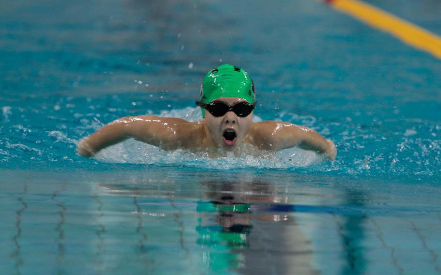 Naples Tiger Shark 10-year-old Sean Quirk goes out hard on the first leg of the 200-meter individual medley Sunday, Feb. 16, at the European Forces Swim League championships in Eindhoven, Netherlands. Quirk won his age division and seven of his eight races.