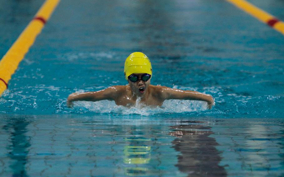 Wiesbaden Wahoo Tyler Peng, 9, breaks out to an early lead in his 200-meter individual medley victory Sunday, Feb. 16, at the European Forces Swim League championships in Eindhoven, Netherlands.