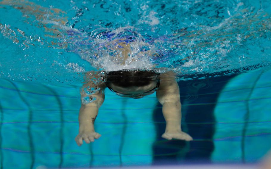 CJ Davis goes for the wall on a turn in his winning 200-meter individual medley for boys 8 and under Sunday, Feb. 16, at the European Forces Swim League championships in Eindhoven, Netherlands.