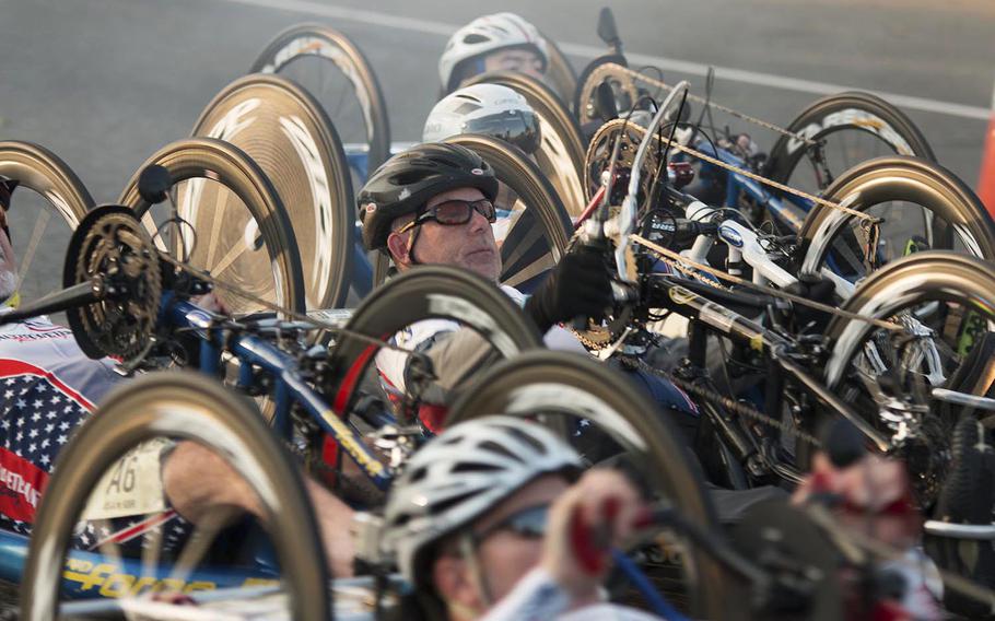 Army Ten-Miler hand cyclists start their trek towards the finish line, October 12, 2014.