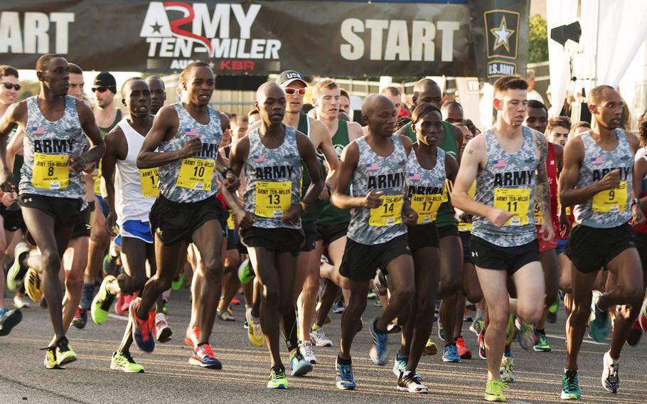 Army Ten-Miler racers start their trek towards the finish line, October 12, 2014.