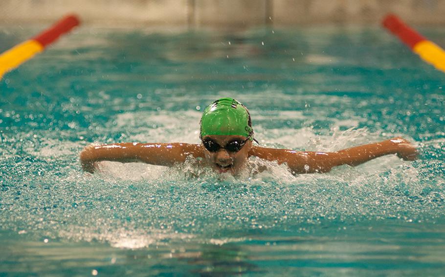 Naples' Andrew Carlos finished the boys' 12-year-old 100-meter individual medley with a time of 1 minute, 29.19 seconds, at the 2015 European Forces Swim League Championships in Eindhoven, Netherlands, Saturday, Feb. 28, 2015. 