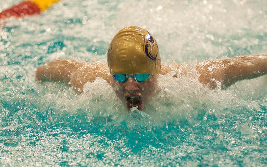NATO's Sebastian Lunak won multiple events on Day One of the 2015 European Forces Swim League Championships in Eindhoven, Netherlands, on Saturday, Feb. 28, 2015, including the boys' 12-year-old 100-meter individual medley with a time of 1 minute, 06.60 seconds.