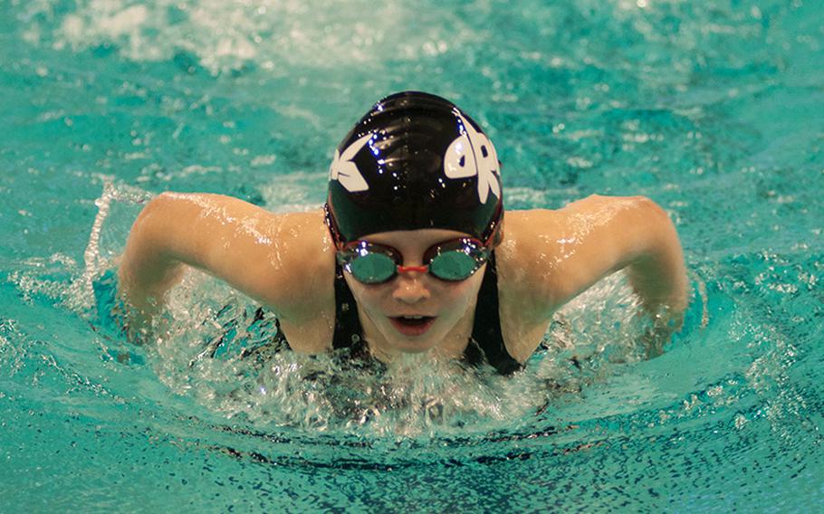 Hylcke de Beer was one of the best swimmers of Day One of the 2015 European Forces Swim League Championships, winning every event in the girlÕs 8-year-old brackets, Saturday, Feb. 28, 2015. 
